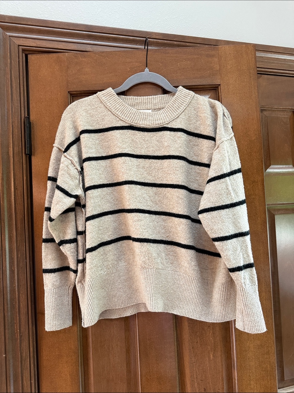Jessica Simpson Beige Crewneck Sweater with Black Stripes